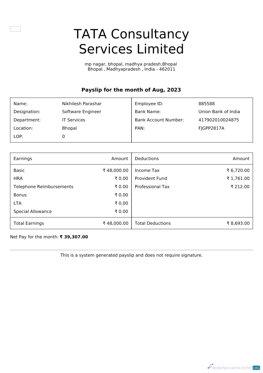Download TATA Consultancy Services payslip template in Word and PDF formats, version 2.pdf, 1 Photoshop template